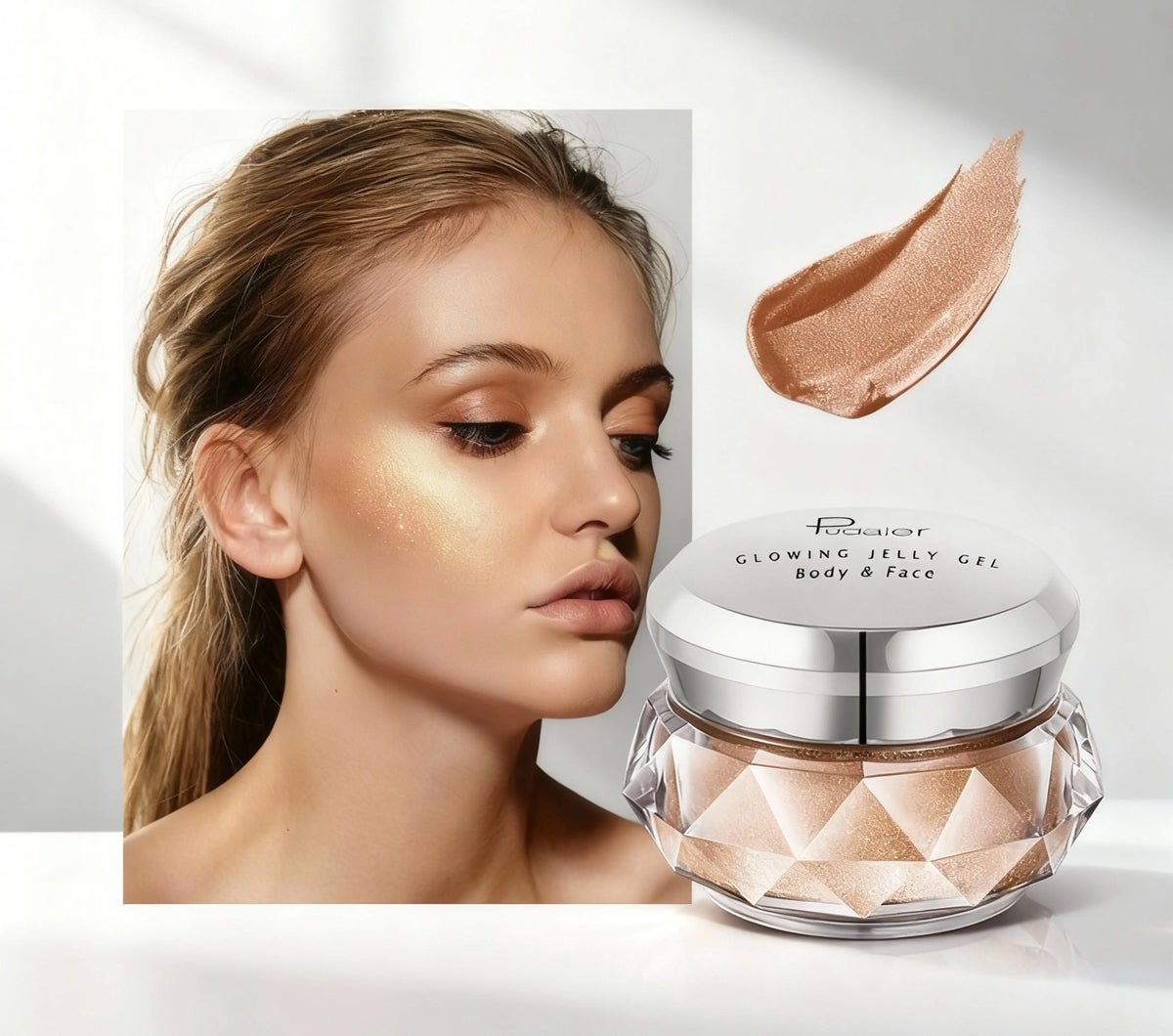 Woman with glowing skin next to a jar of 'Glowing Jelly Gel' by Fancier.
