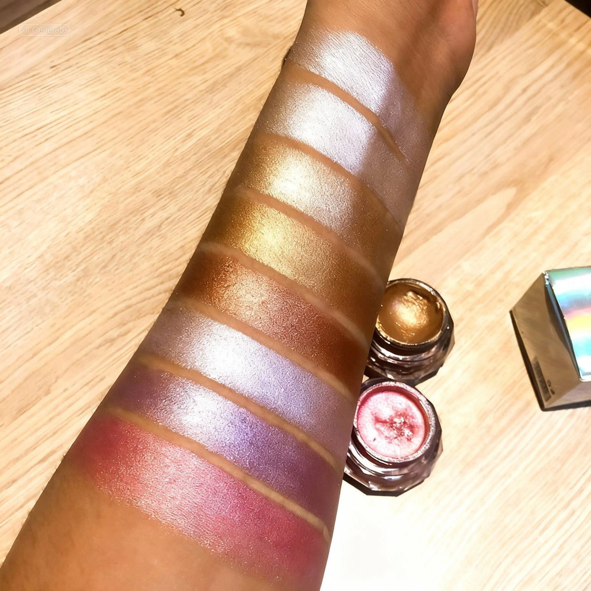 Makeup swatches on a person's arm with lip products below on a wooden surface