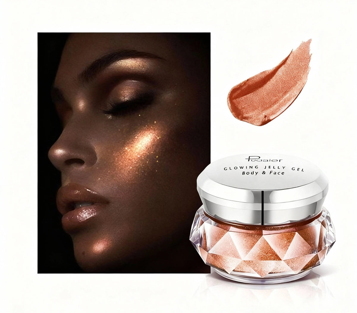 Cosmetic jar with a close-up of a woman's face with bronze makeup.