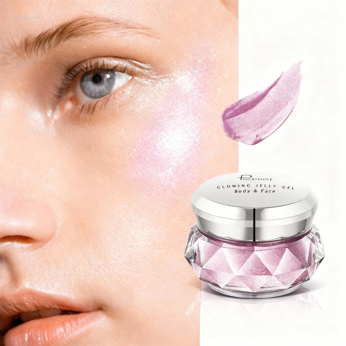 Cosmetic jar of 'Glowing Jelly Gel' with a close-up of a woman's face applying the gel.