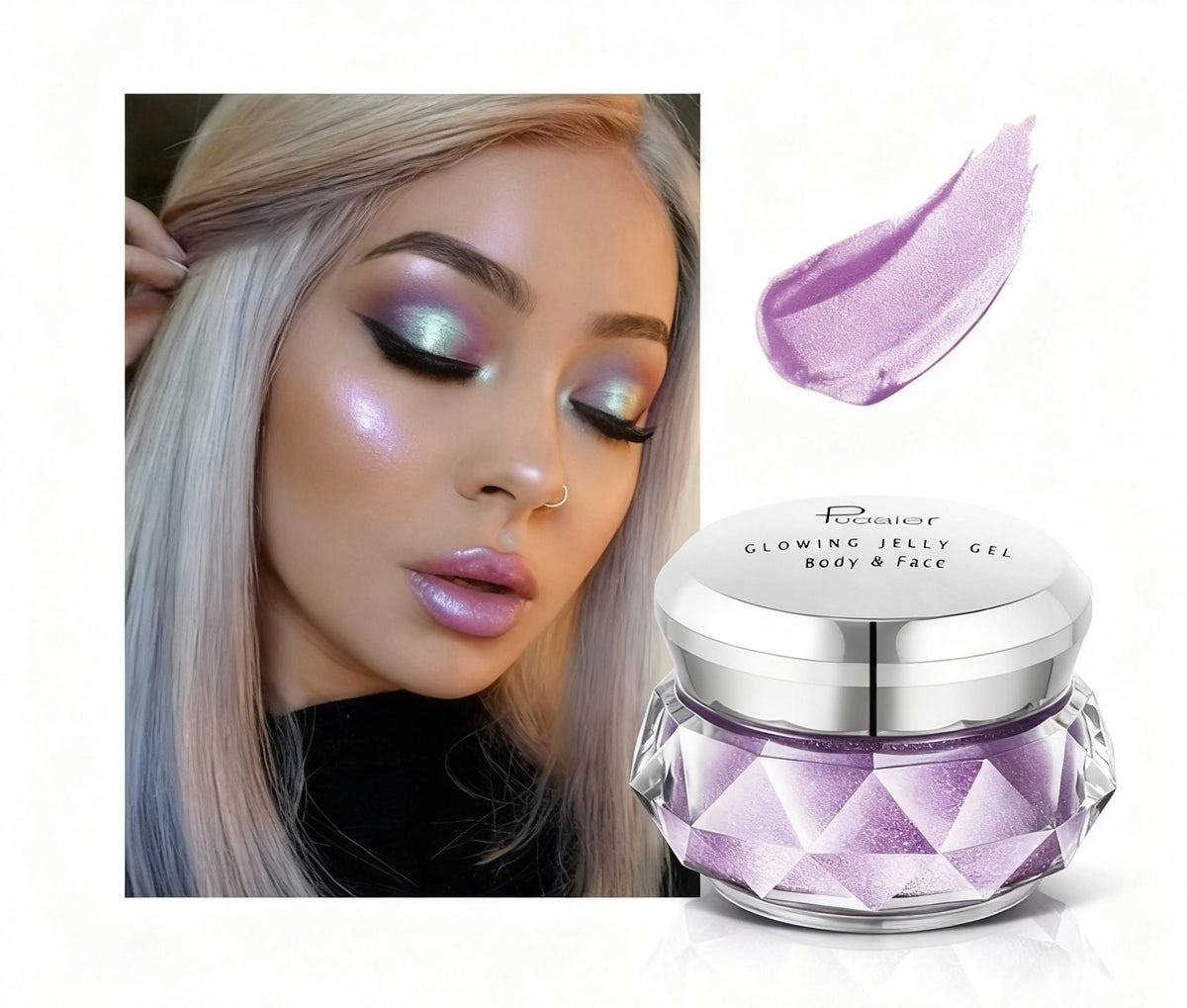 Rainbow highlighter jelly gel for club party makeup, purple variant shown with swatch and model wearing it