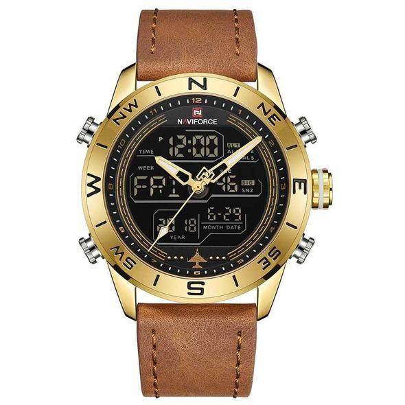 NAVIFORCE 9144 Fashion Gold Men Sport Watches Mens LED Analog Digital Watch Army Military Leather Quartz Watch Relogio Masculino - Esdeepee