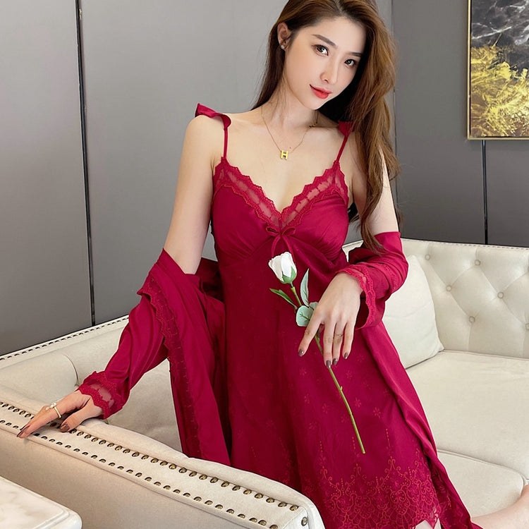 Sexy Pajamas Women New Spring And Summer Sling Lace Nightdress Two-Piece Ice Silk Net Red Night Gown Home Service Red