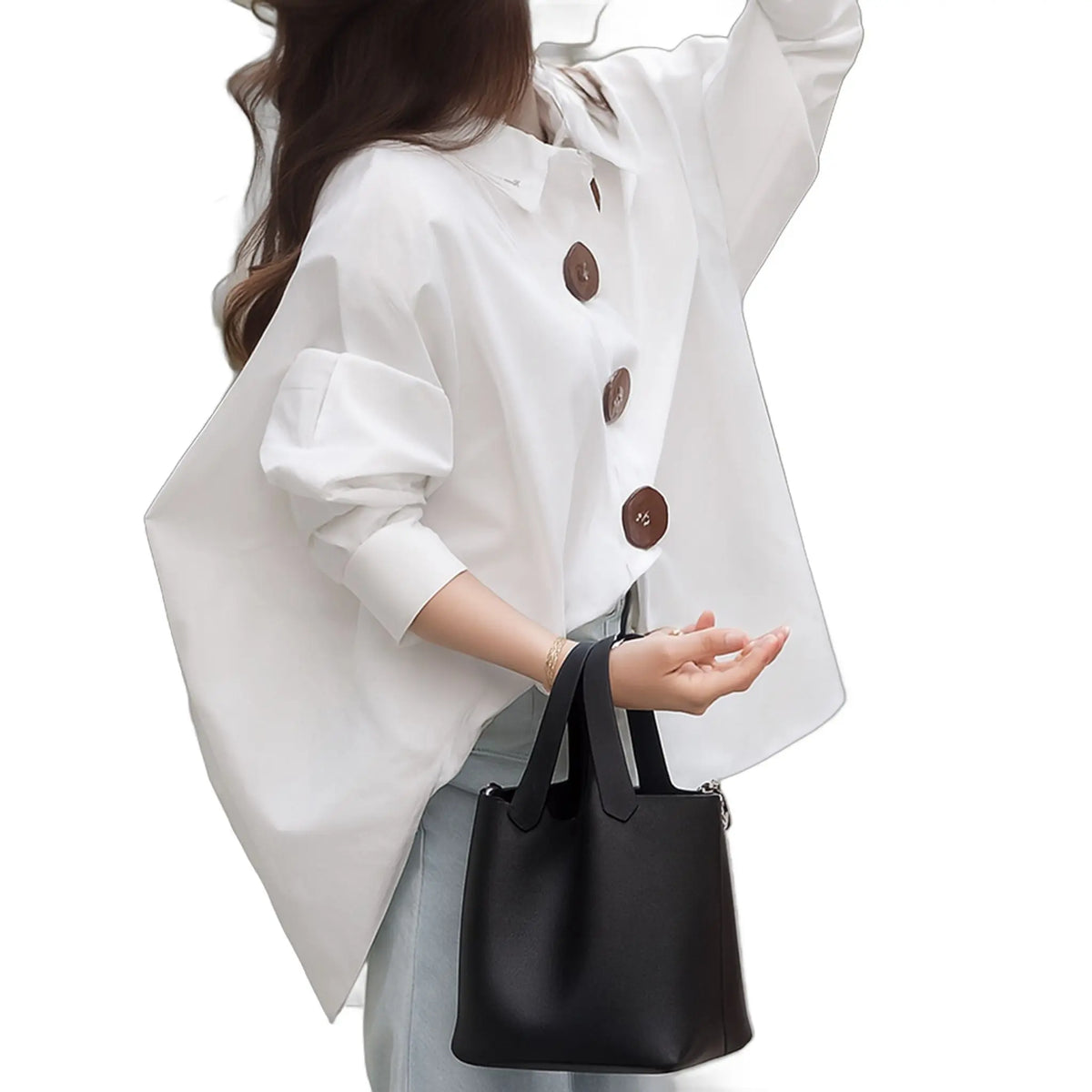 Enhanced product photo of oversized women's button down shirt for layering
