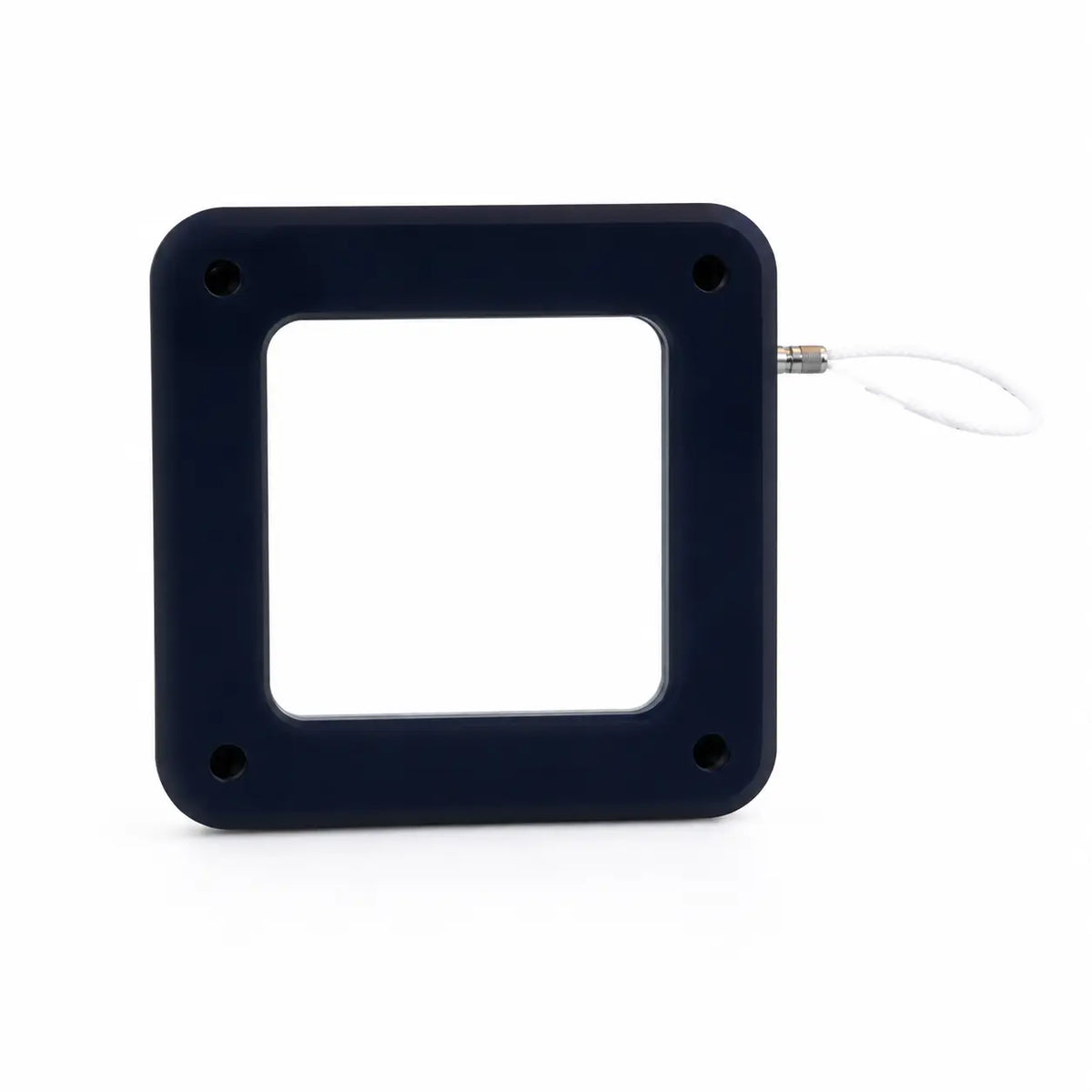 Black square electronic component with USB cable on a white background