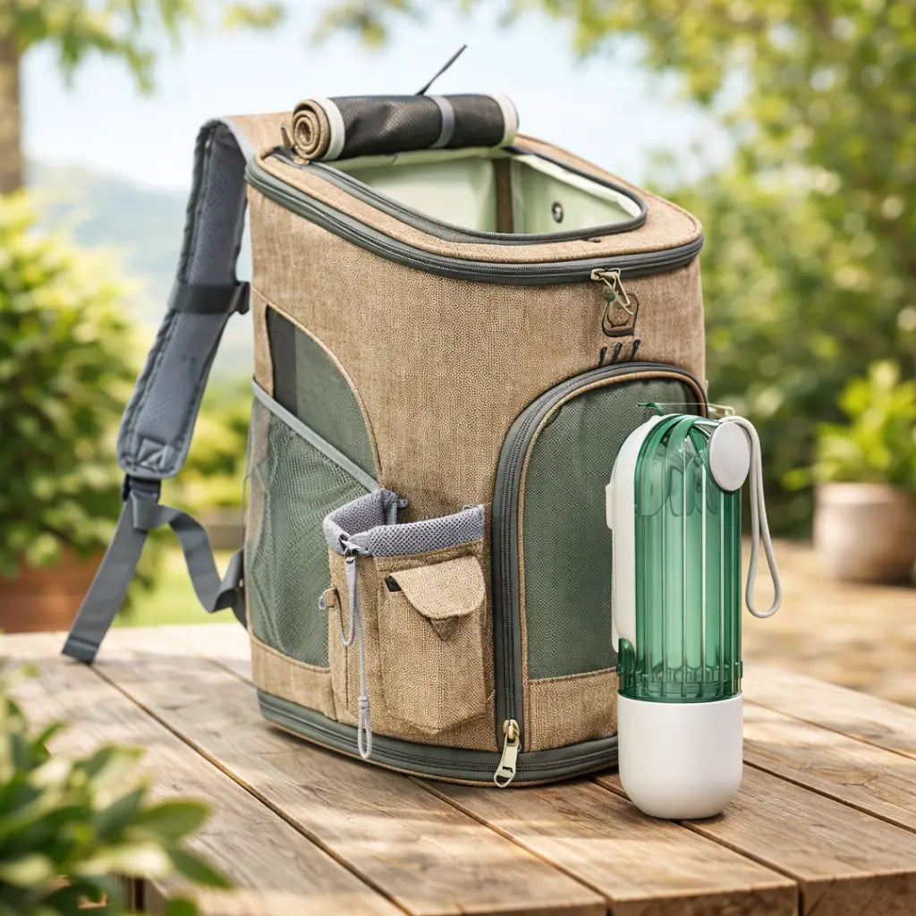 Backpack cooler with a green water bottle on a wooden table outdoors GREEN SET