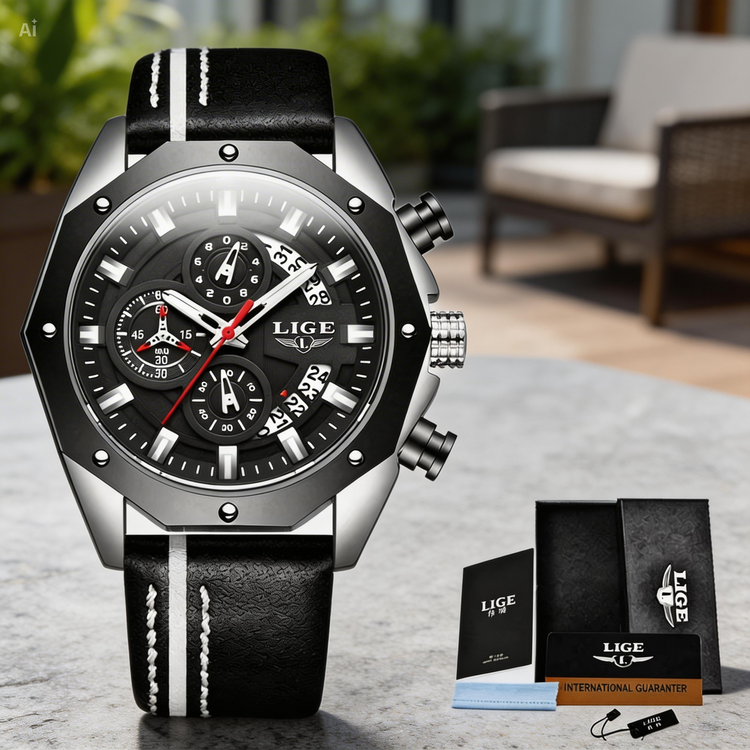 Black and silver LIGE watch with leather strap on a table, accompanied by packaging and a warranty card.