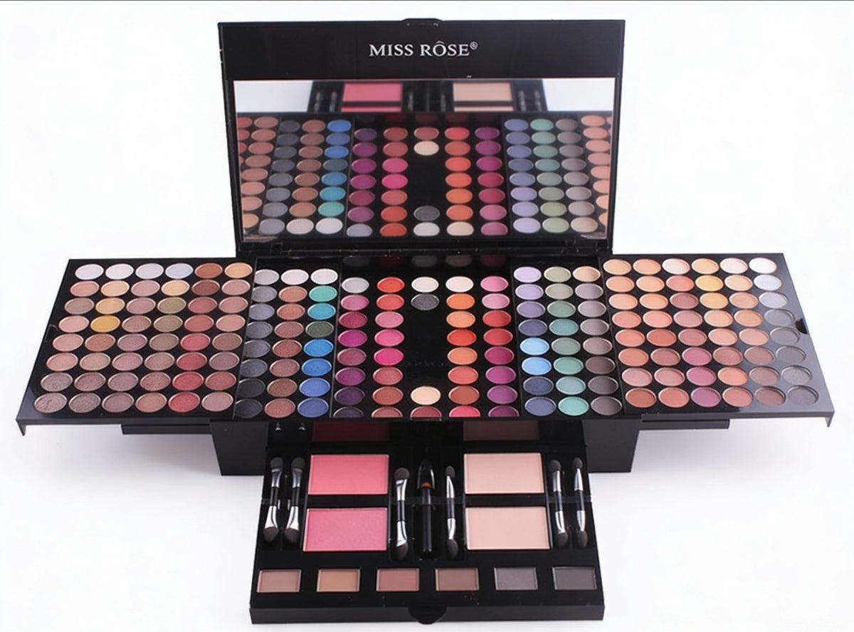 Blushes & Bronzers Face Makeup palette displayed open, featuring a large multi-tier black case with mirror, multiple rows of blush, bronzer, and eyeshadow pans in a wide range of nude, pink, coral, and vibrant shades, along with built-in applicator brushes.