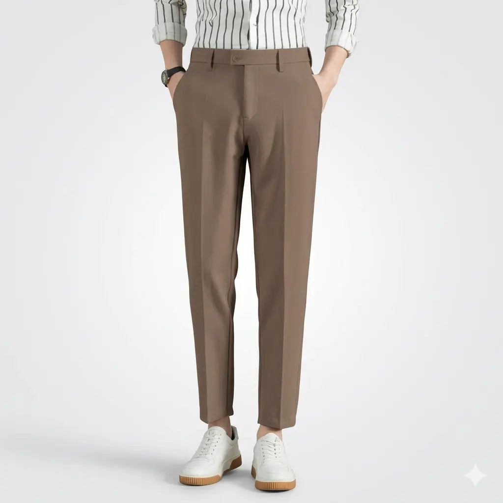 Brown pants worn with a striped shirt and white shoes on a light gray background