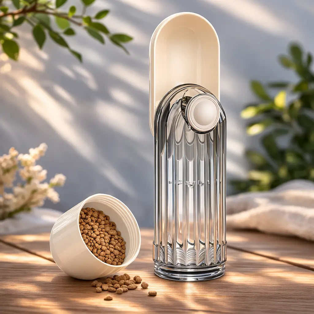 Clear cylindrical container with a white lid on a wooden surface with scattered seeds, blurred natural background BEIGE
