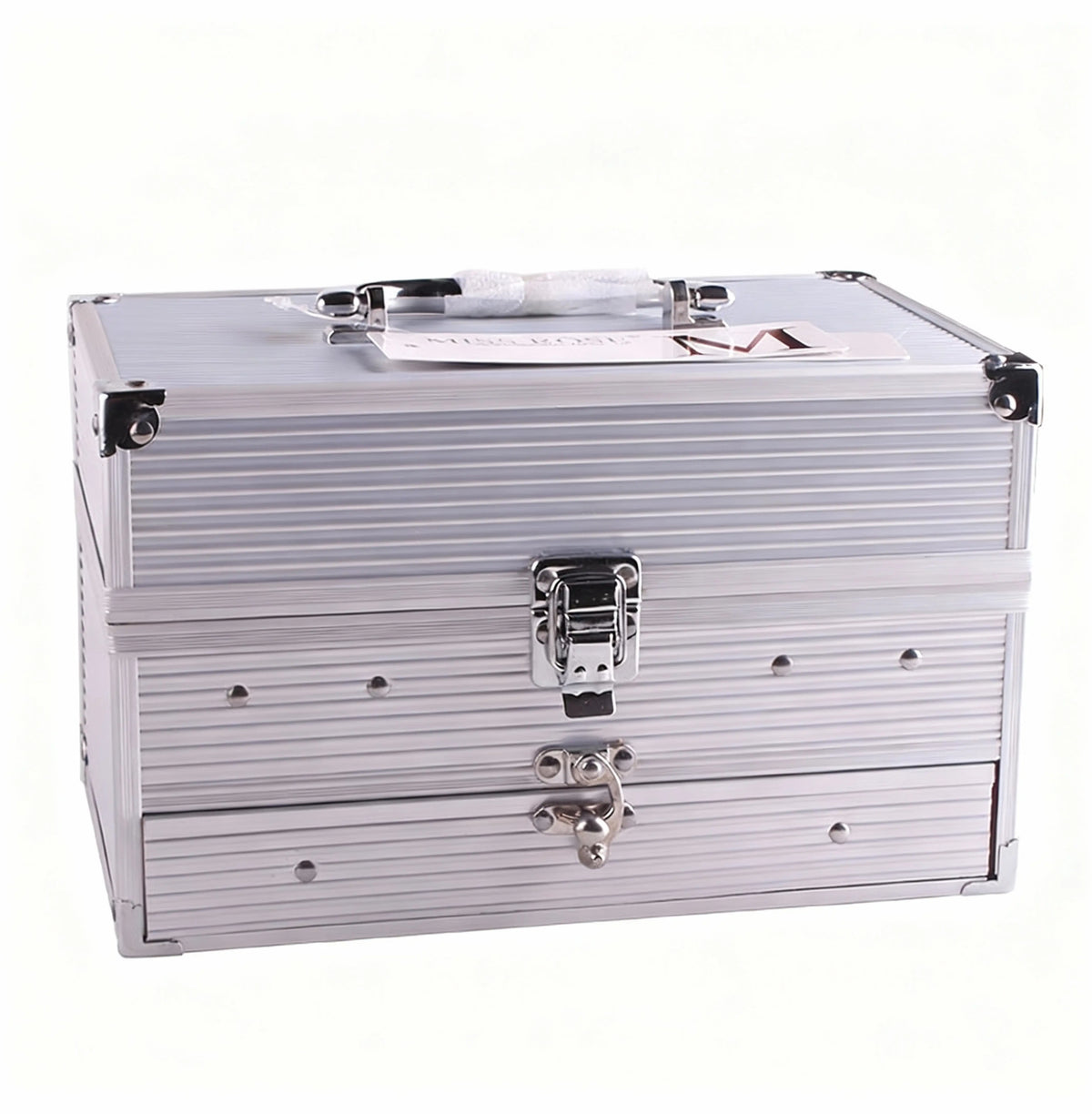 94 color professional makeup palette set closed silver aluminum case with silver latches and handle