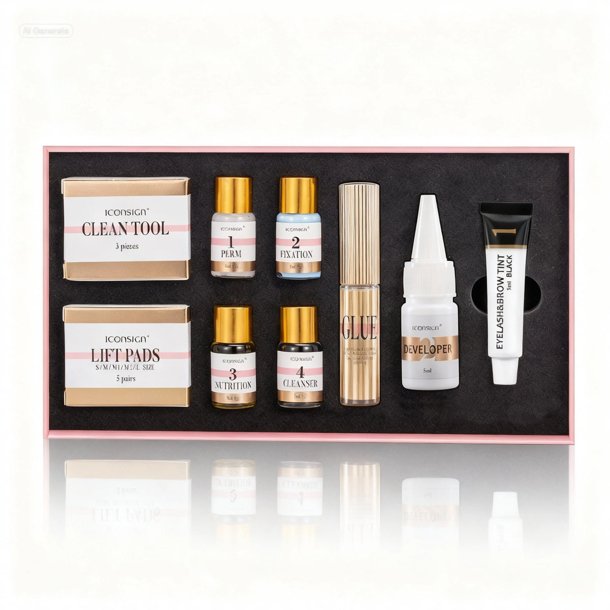 lash lift and brow tint kit for home use showing clean tool, lift pads, perm, fixation, nutrition, cleanser, glue, developer, and black tint