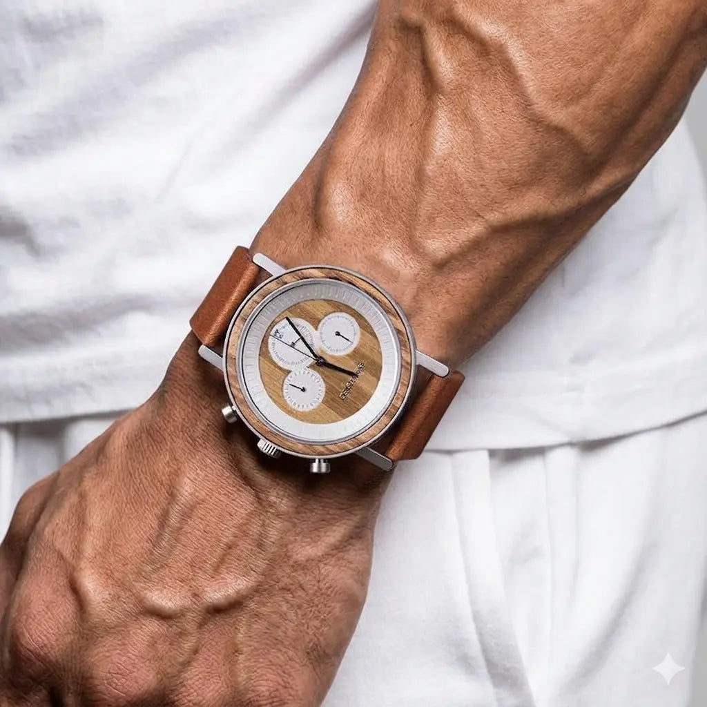 Chronograph men's watch with zebra wood band, light wood face and brown leather strap worn on wrist.