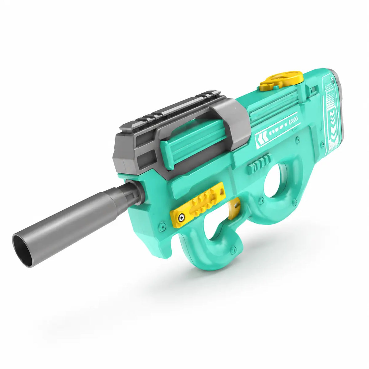 Electric shark water gun teal and gray with yellow accents shown from side angle