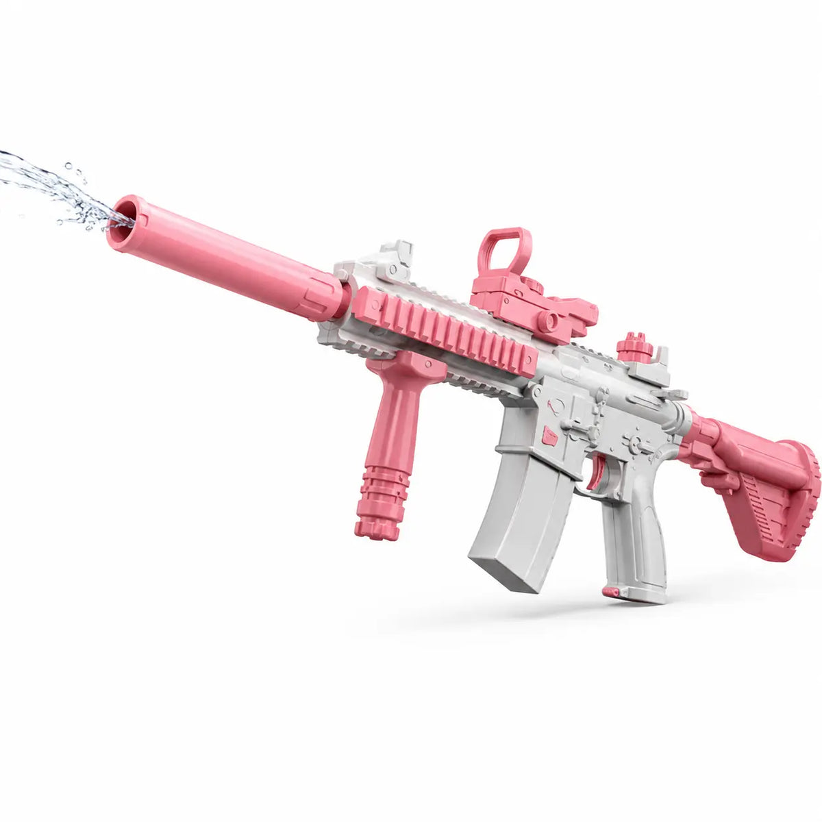 Automatic electric water gun for kids pink and gray variant spraying water from nozzle angled perspective