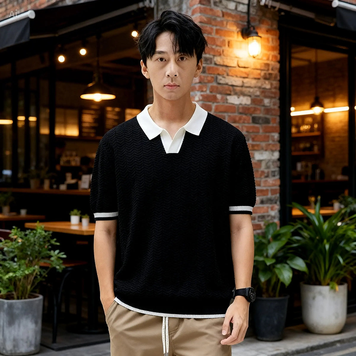 Man wearing a black and white polo shirt in an outdoor setting with plants and a brick wall.