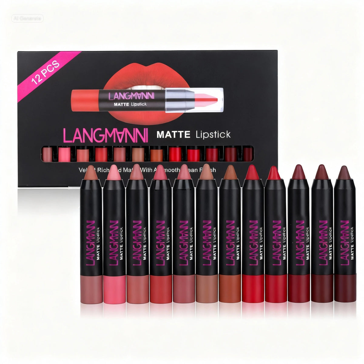 matte velvet waterproof lipstick set showing twelve assorted colors in black packaging and individual lipsticks