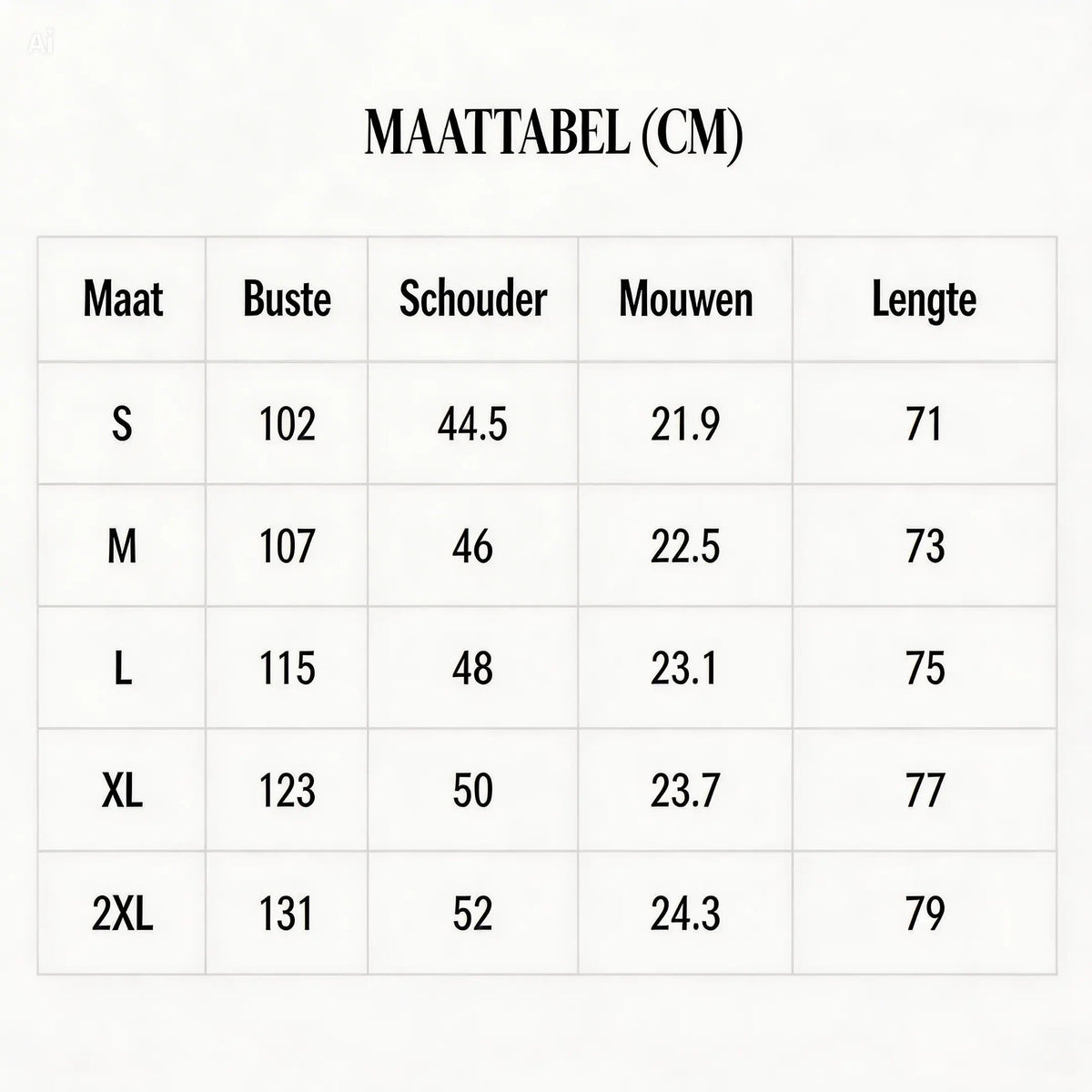 Measurement chart in centimeters for clothing sizes S to 2XL.