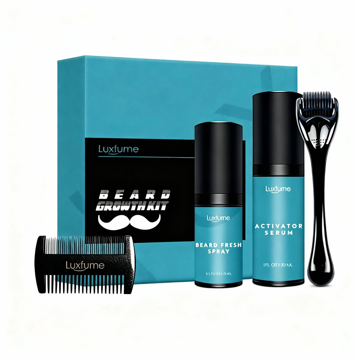 beard growth kit featuring teal packaging, black roller, activator serum, fresh spray, and comb