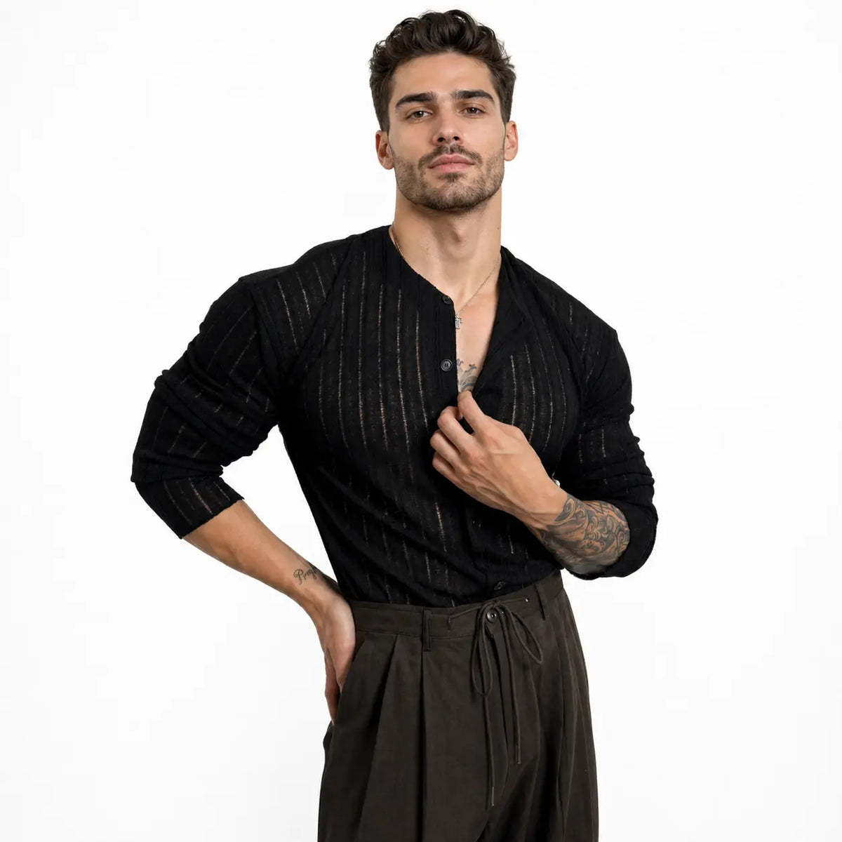 Solid color men's cardigan - stylish hemp blend in black, worn by a model adjusting the collar, front view