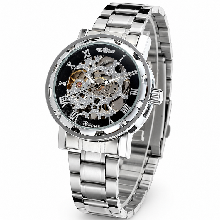 Silver wristwatch with a transparent face on a white background