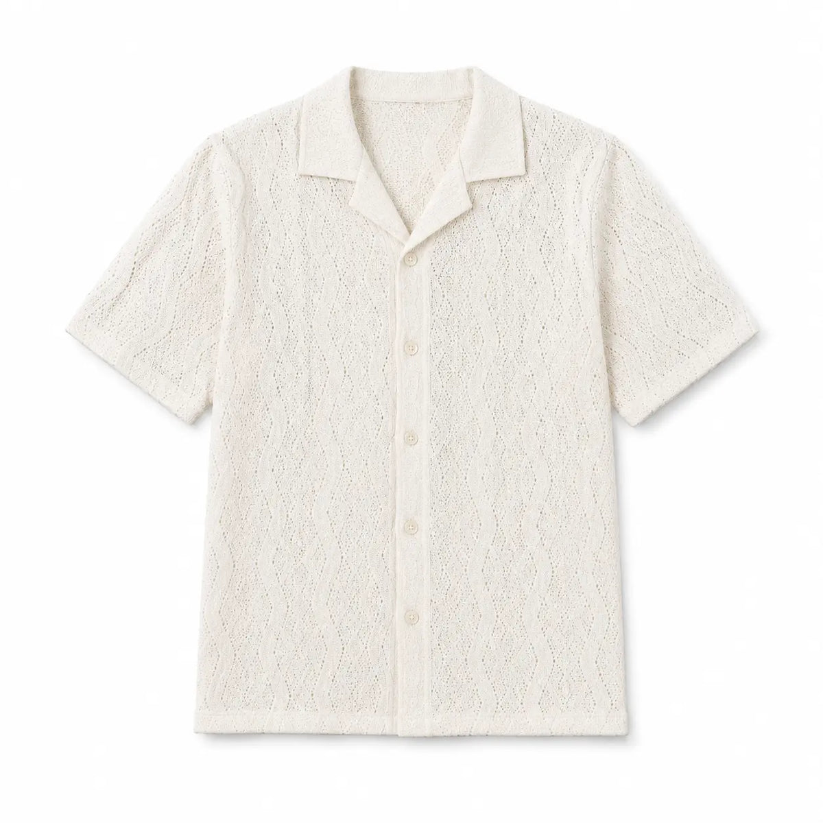 Vintage short-sleeve floral shirt for men, classic cardigan style in cream color shown flat against white background.