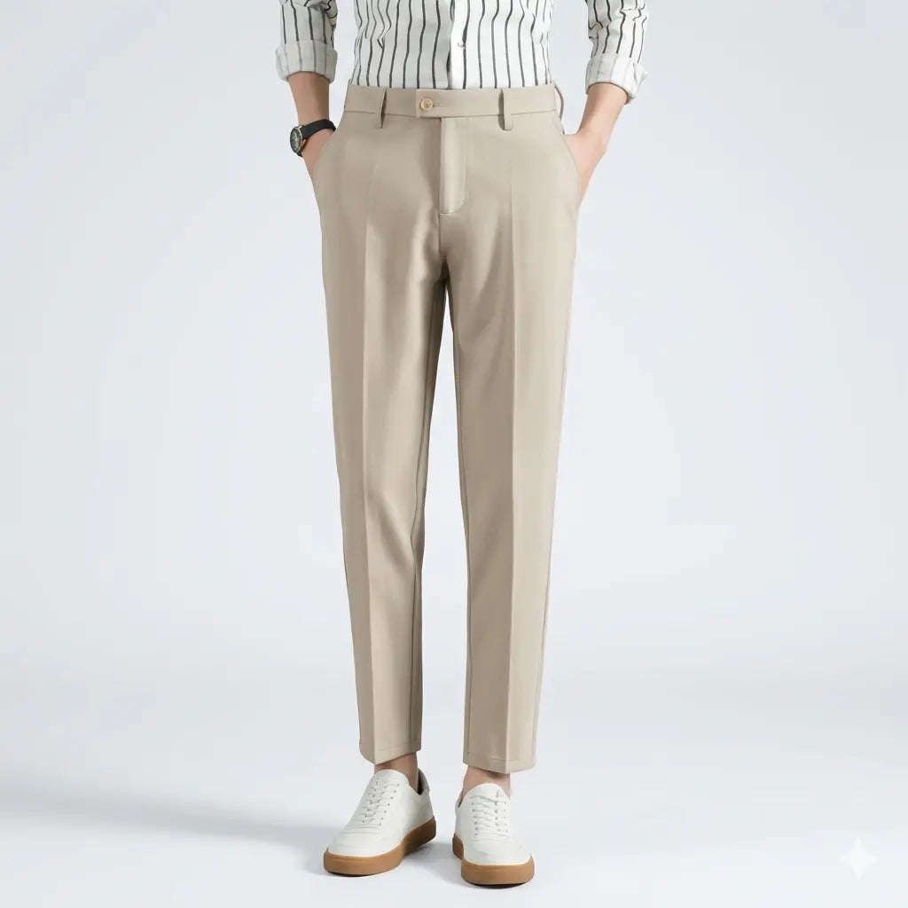 Men's casual sports pants, slim fit tan cotton blend front view on male model with white sneakers