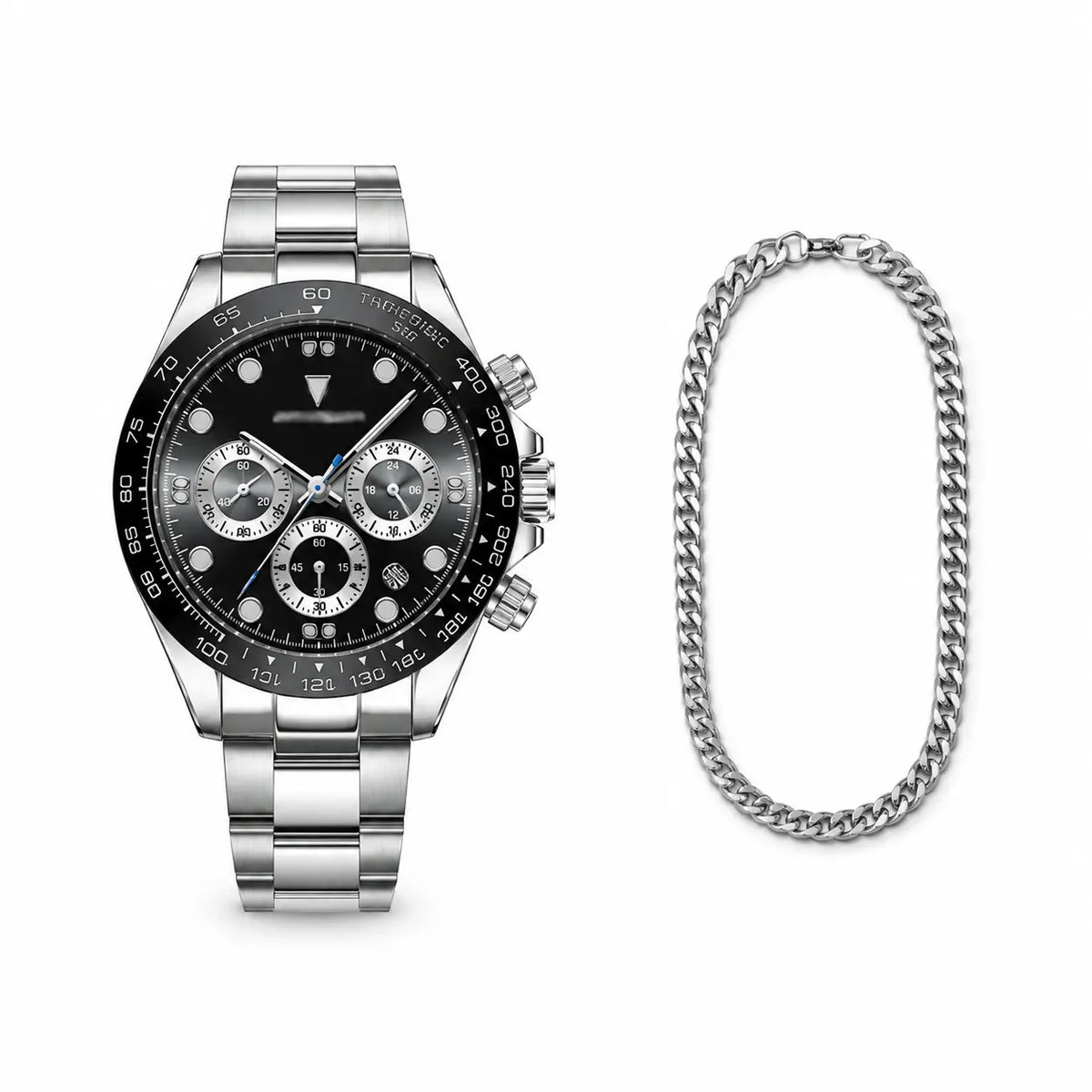 Silver watch with black face and chain on a white background