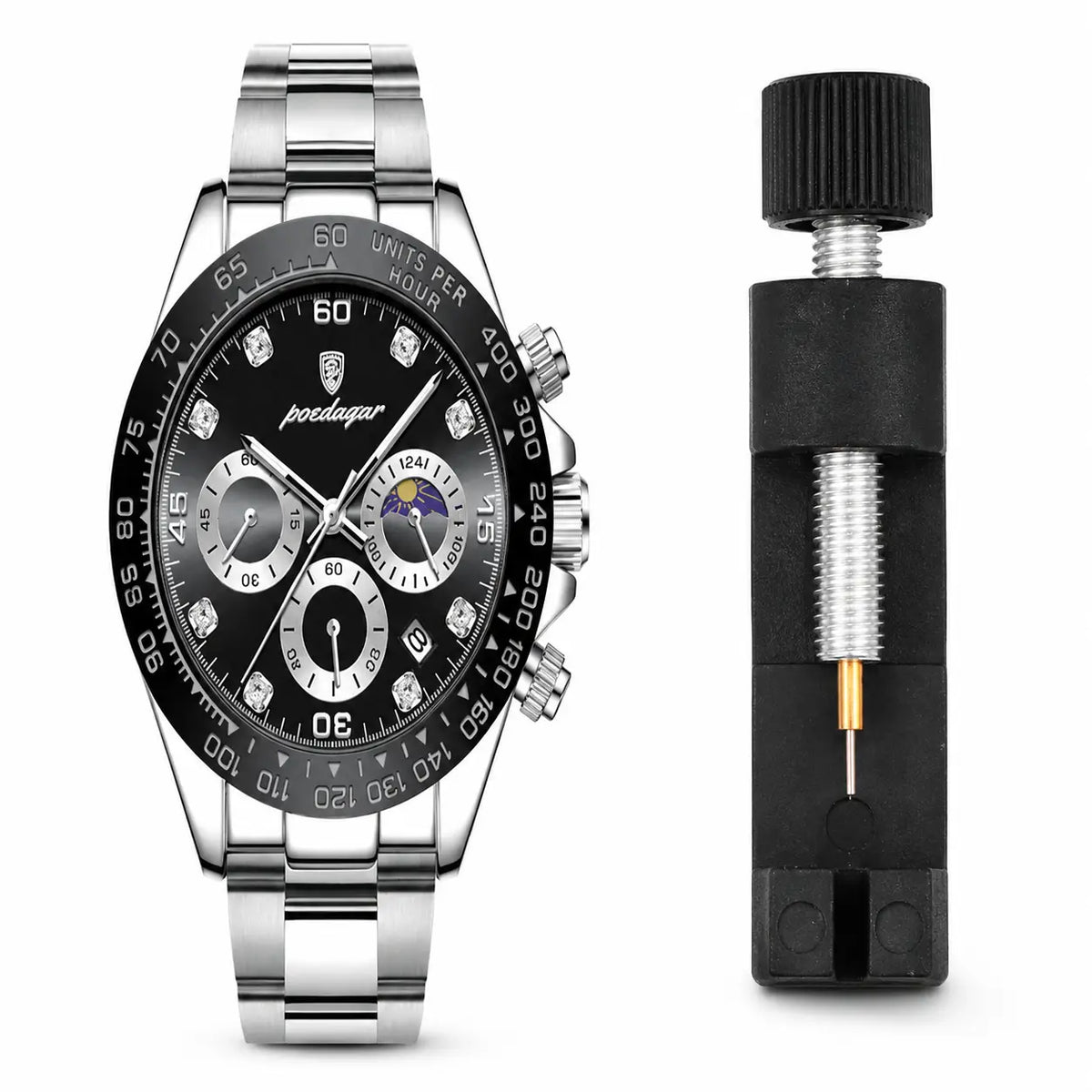 Luxury watch with detailed face and silver bracelet next to a watch winder on a white background