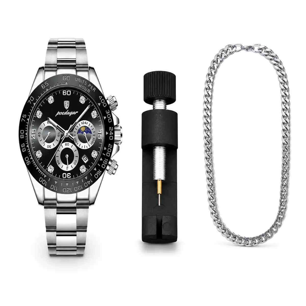 Panduo watch, black and silver chain, and black tool on a white background