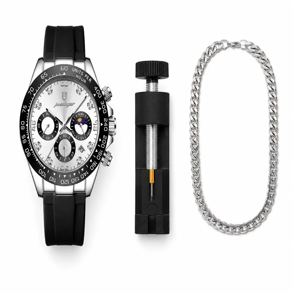 Chronograph watch with black strap, tool, and silver chain on white background