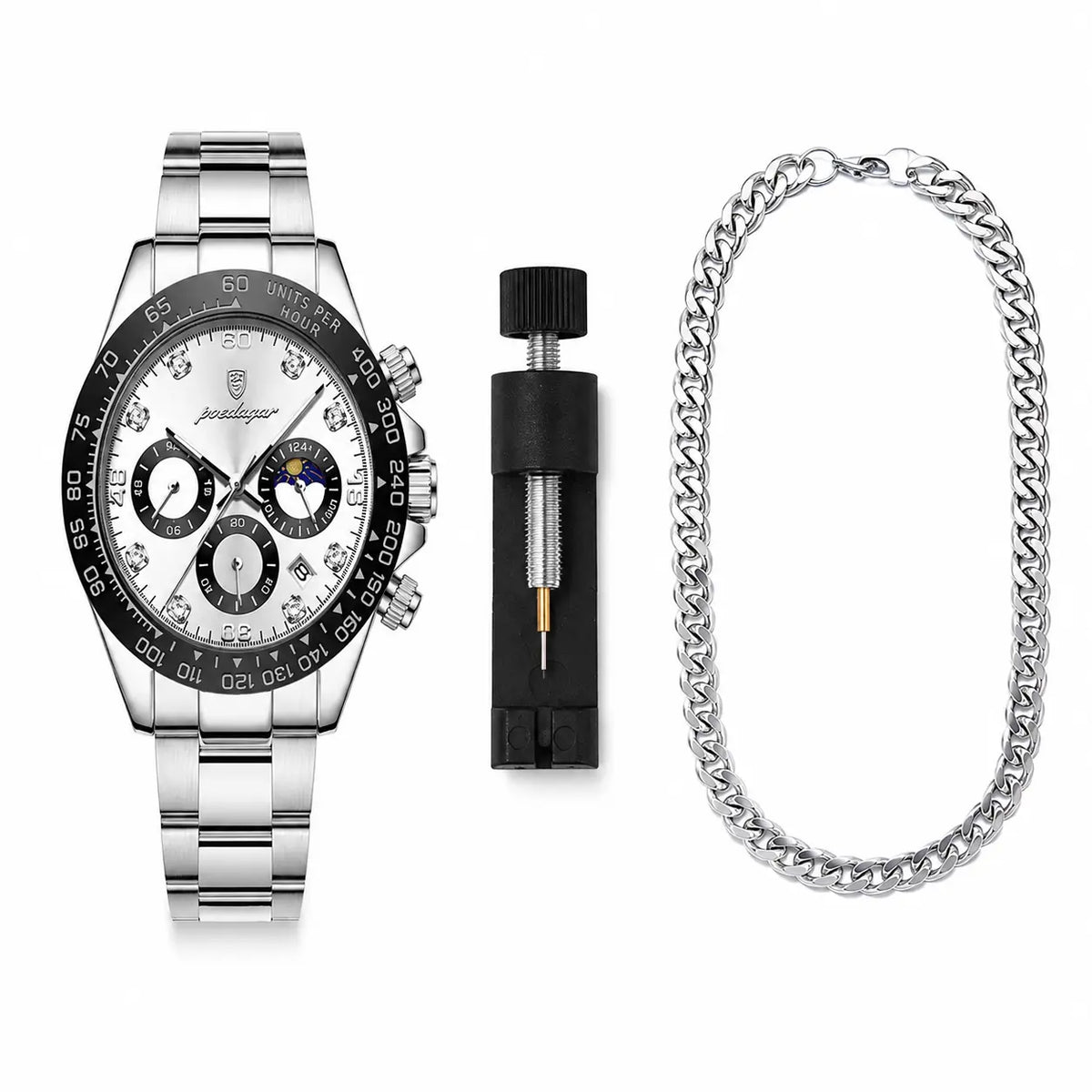 Silver watch with black face, chain, and tool on a white background