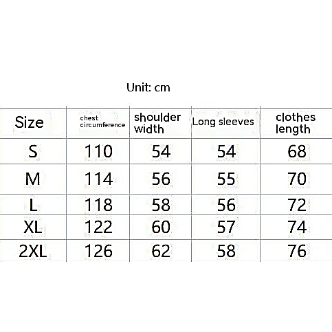 Table showing measurements for different sizes of a garment in centimeters.