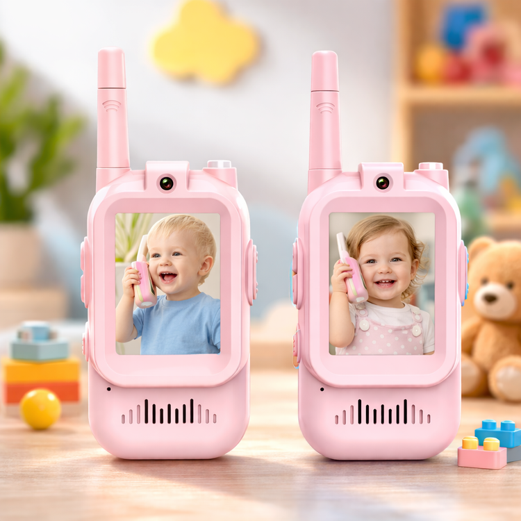 Two pink toy walkie-talkies with screens showing children&