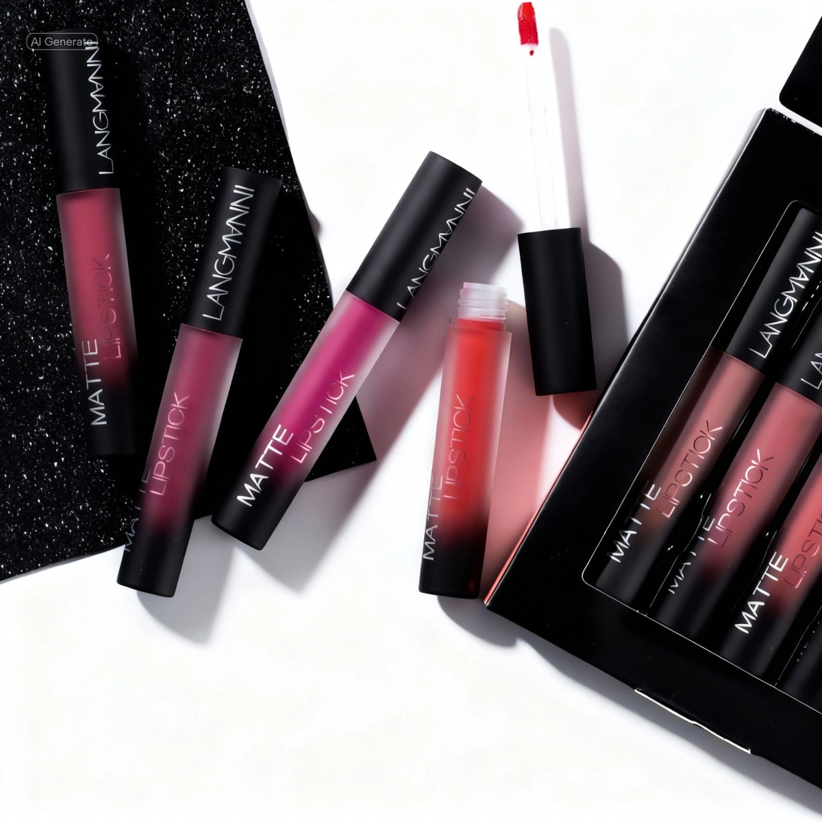 Set of Langham Matte Lipstick with various shades on a white background