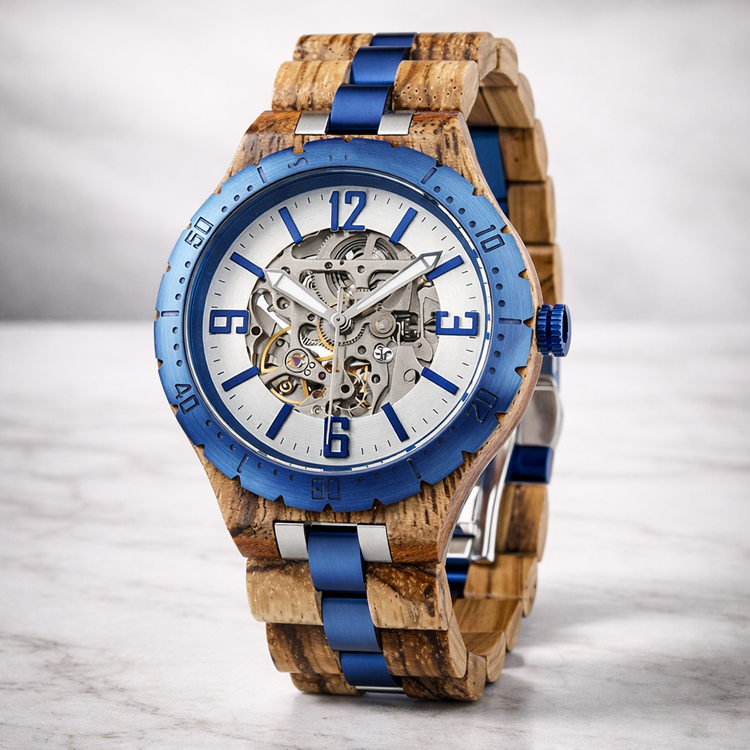 Wooden watch with blue accents on a light gray background