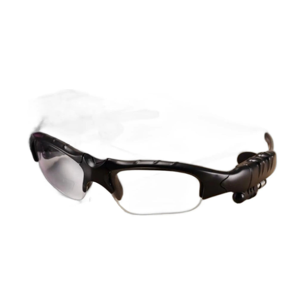 black camera sunglasses with bluetooth technology and microphone attachment on white background