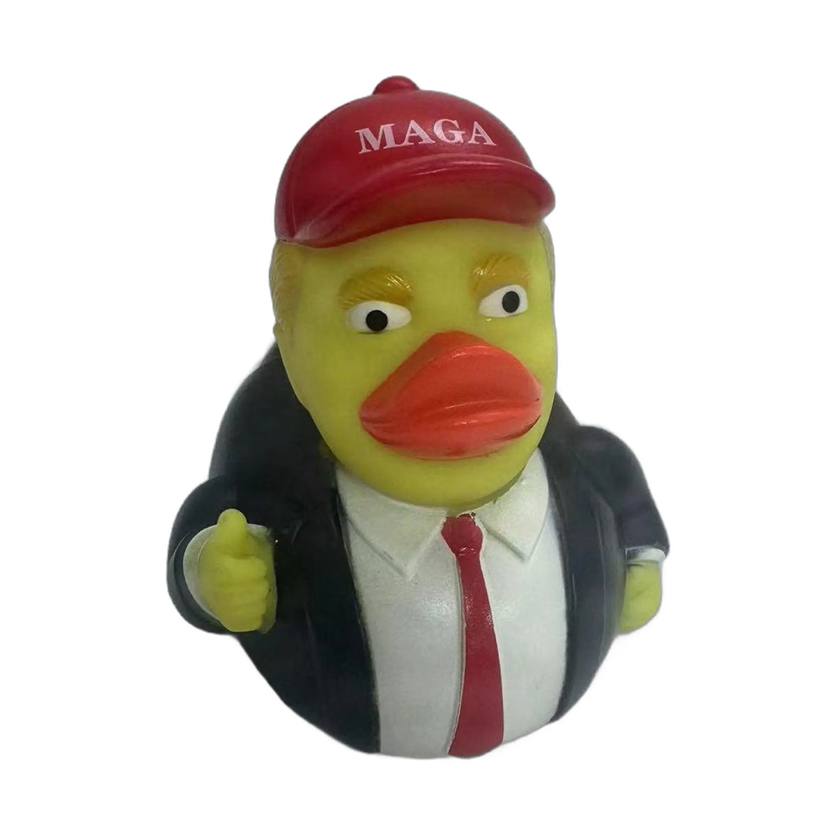 yellow duck bath toy wearing red maga hat black suit white shirt and red tie