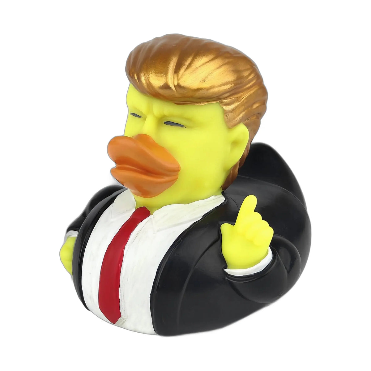 yellow rubber duck in a blue suit wrapped in clear plastic on a gray table