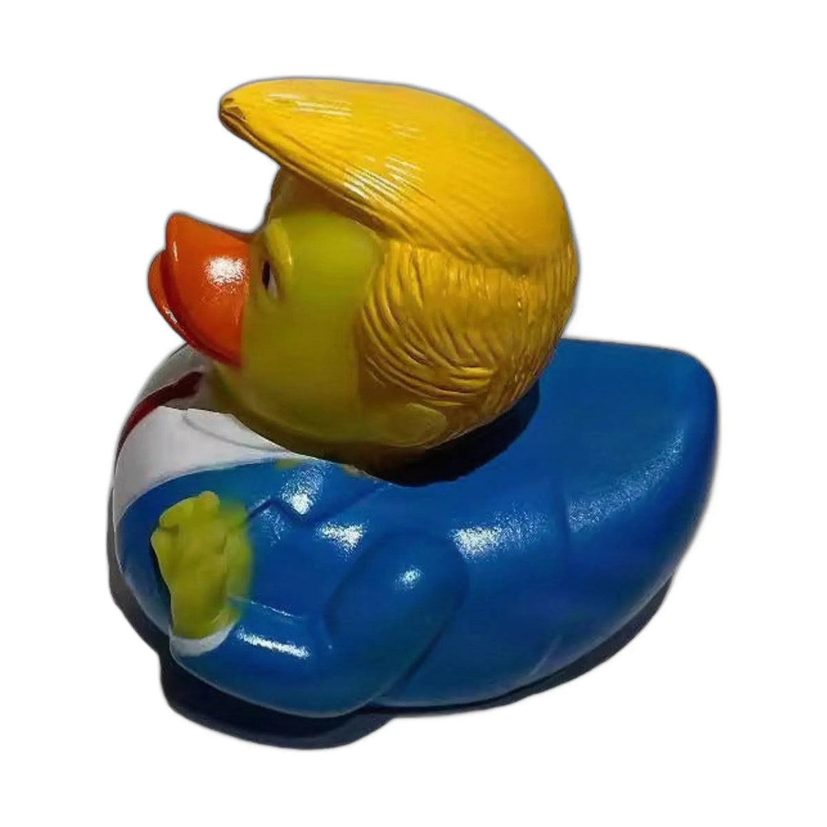 a yellow rubber duck wearing a blue suit and white shirt with red tie