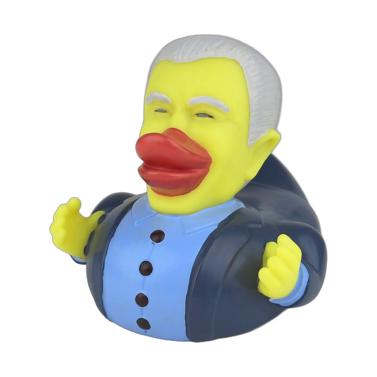 Squeaky duck bath toy in a grey suit with a blue shirt, featuring a yellow face with white hair and a red beak.