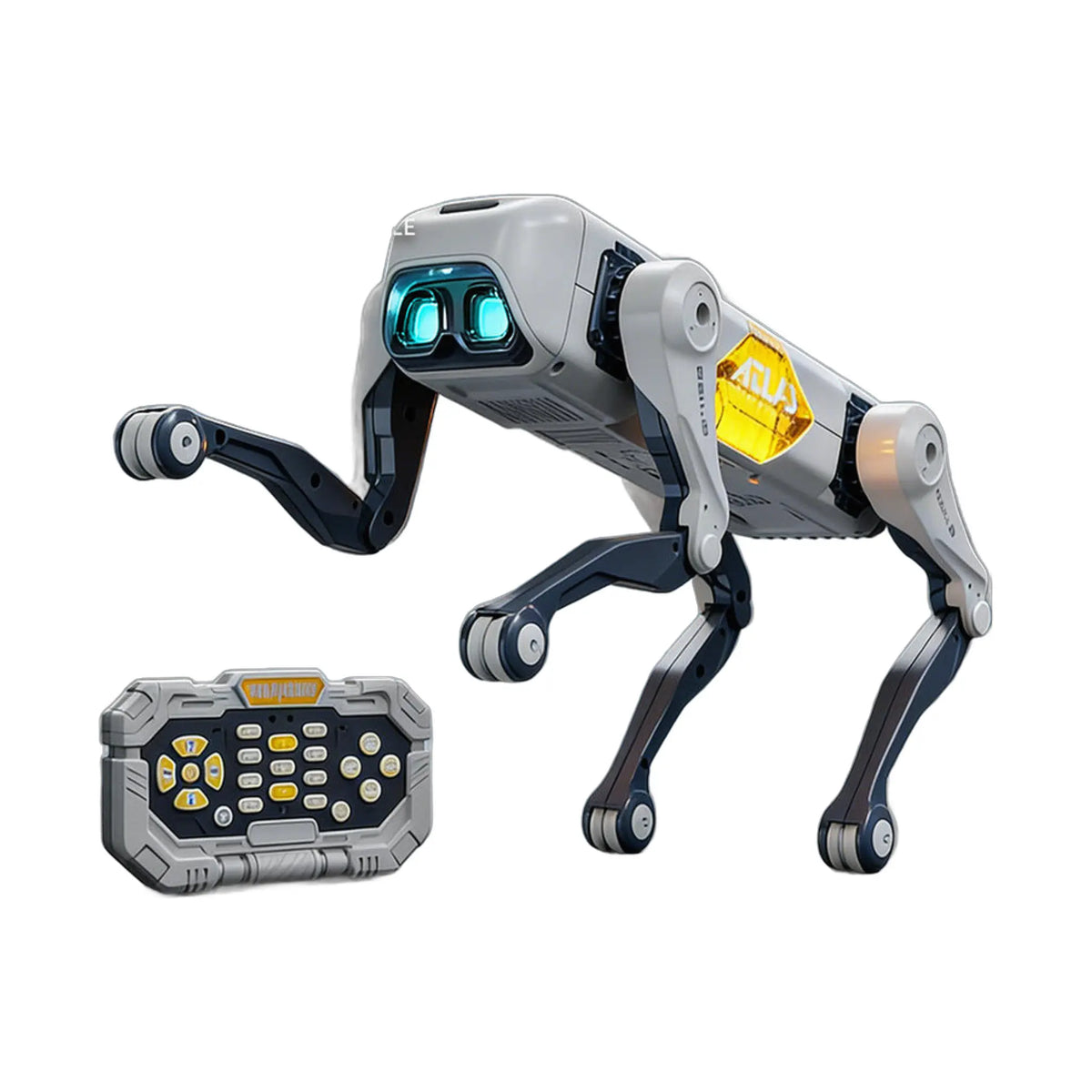 tech gray robot dog toy with glowing blue eyes and remote control in futuristic setting