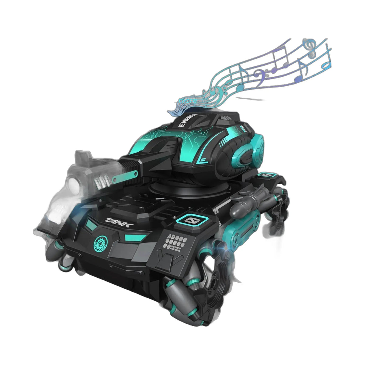 A black and green gesture sensing remote-control tank-like automobile with included battery, charging cable, and water bottle.