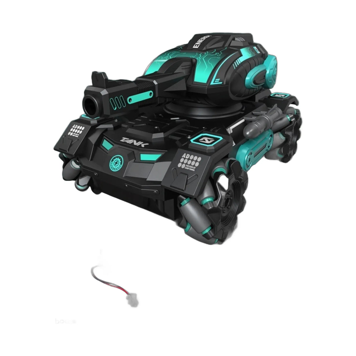 A black and blue gesture sensing remote-control tank-like automobile with included battery, charging cable, and water bottle.