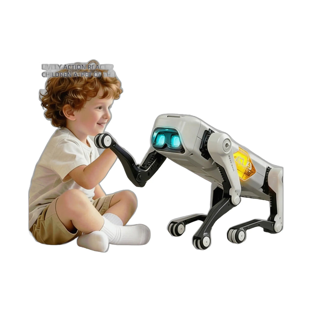 A white and grey robot dog toy with glowing blue eyes stands beside a smiling child in a white shirt.
