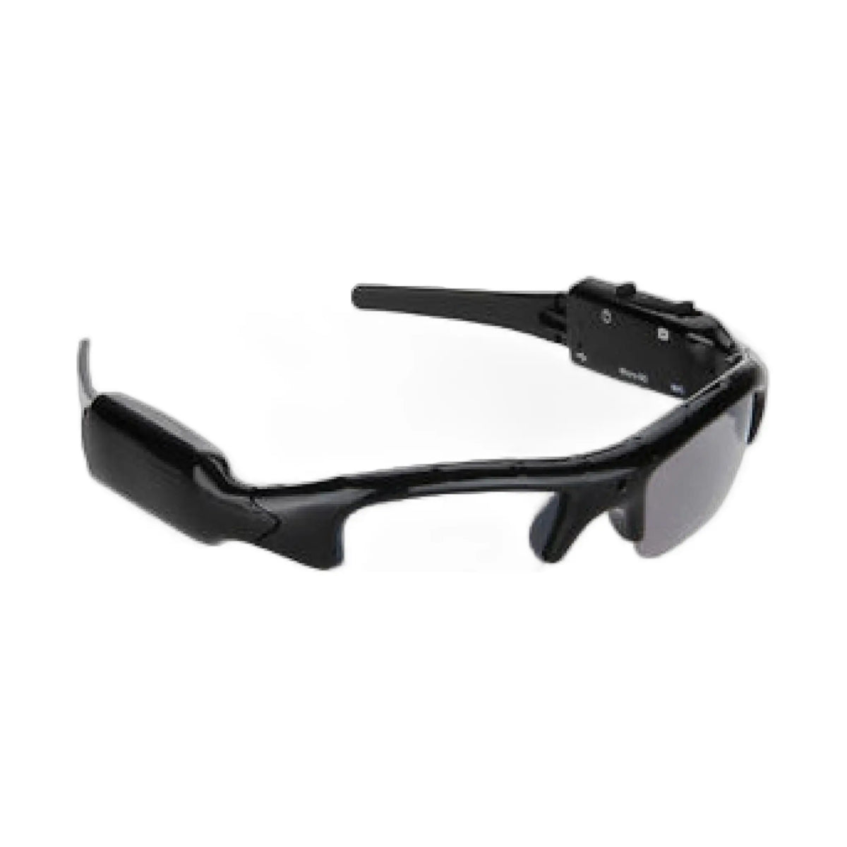 black camera sunglasses with bluetooth functions and icons for video, music, calls, and photos