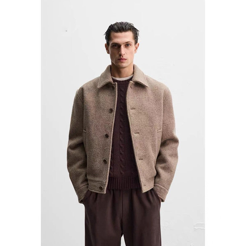 Men's Loose Wool Woven Lapel Long Sleeve Casual Jacket Coat