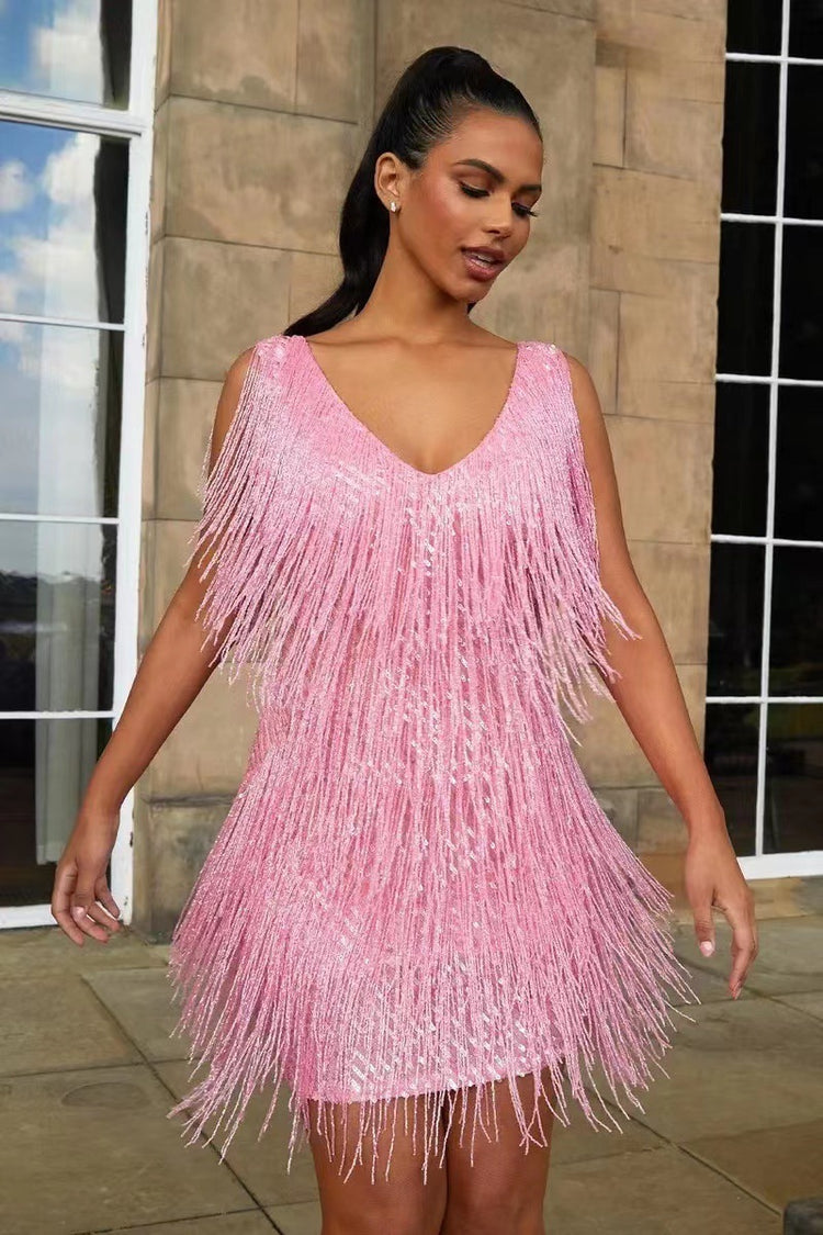 Tassel Elegant Deep V Camisole Gown Dress For Women Pink