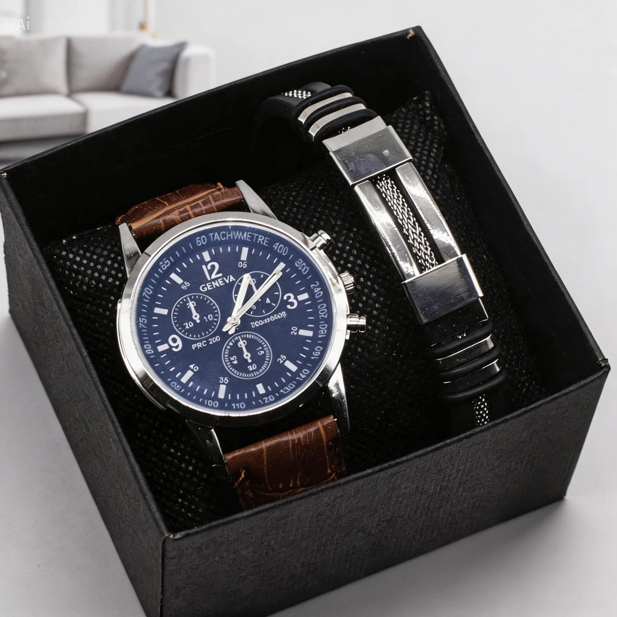 Men's quartz wristwatch with brown leather band and blue dial displayed in black gift box