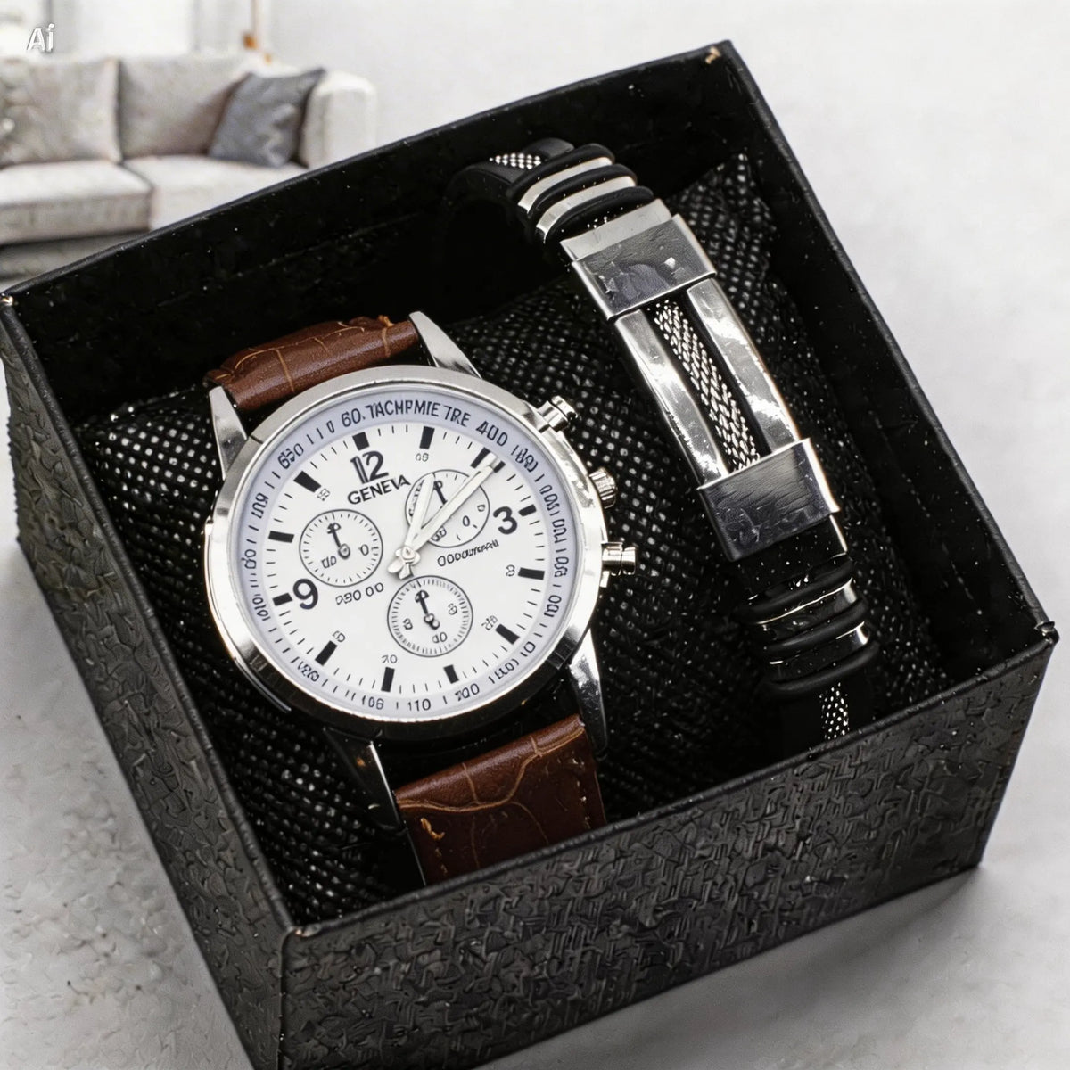 Men's quartz wristwatch with brown leather band and white dial placed in black display box
